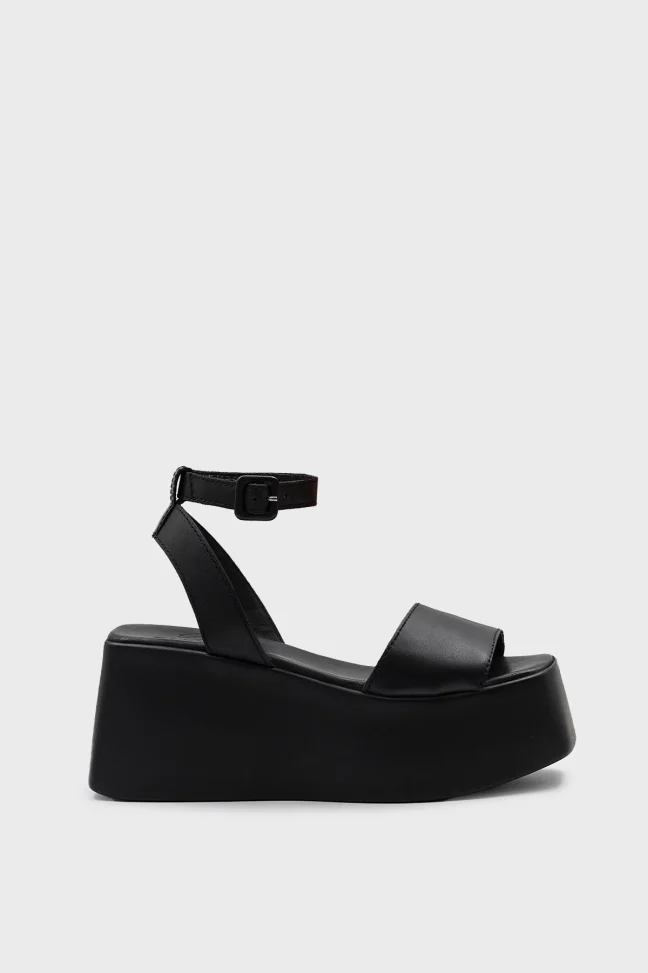 SKD-037 Black Leather Platform Cushioned Sole Sandal