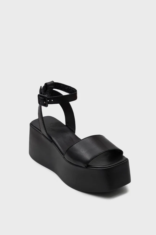 SKD-037 Black Leather Platform Cushioned Sole Sandal