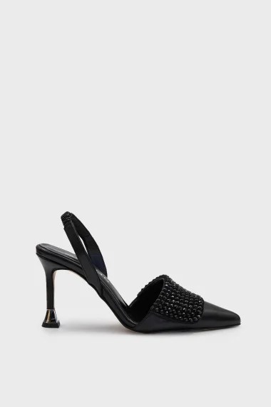 SKT-064 Black Leather Stone Accessory Heeled Shoe