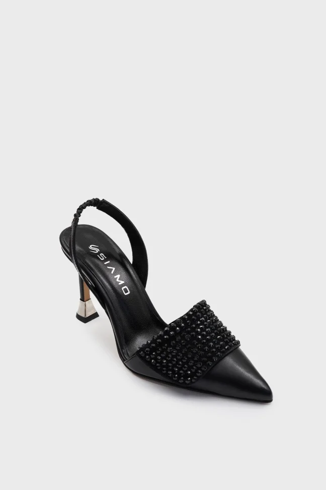 SKT-064 Black Leather Stone Accessory Heeled Shoe