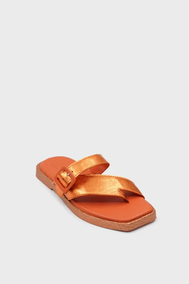 SKK-059 Orange Leather Buckled Toe-Post Women's Sandal