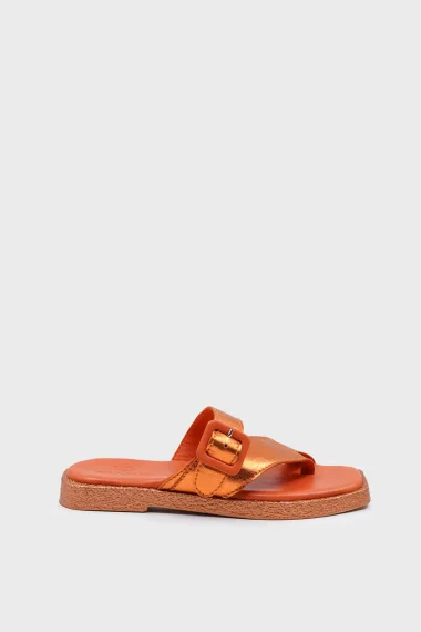 SKK-059 Orange Leather Buckled Toe-Post Women's Sandal