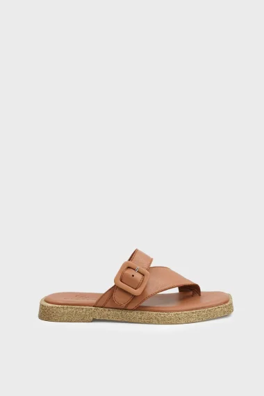 SKK-059 Tan Leather Buckled Toe-Post Women's Sandal