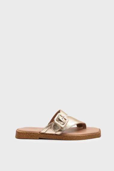 SKK-059 Gold Leather Buckled Toe-Post Women's Sandal