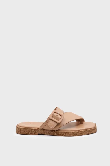 SKK-059 Nude Leather Buckled Toe-Post Women's Sandal