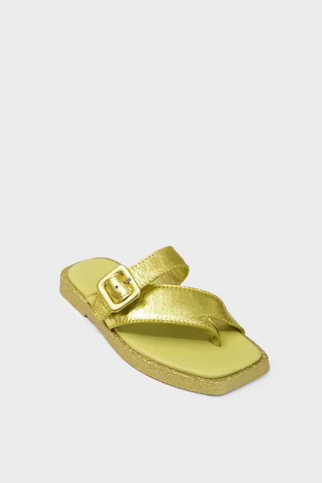 SKK-059 Yellow Leather Buckled Toe-Post Women's Sandal