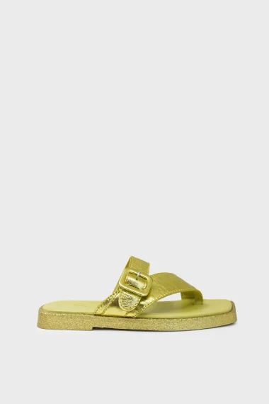 SKK-059 Yellow Leather Buckled Toe-Post Women's Sandal