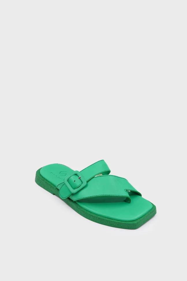 SKK-059 Green Leather Buckled Toe-Post Women's Sandal