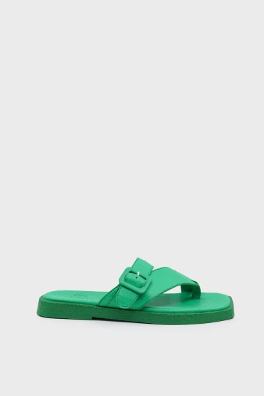 SKK-059 Green Leather Buckled Toe-Post Women's Sandal