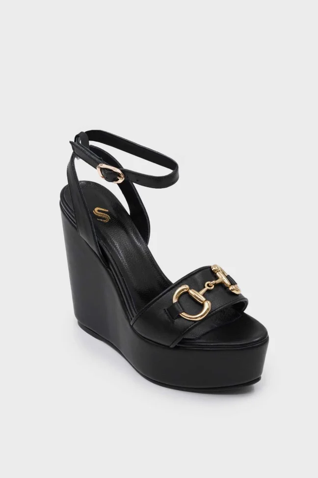 SKD-045 Black Leather Ankle Strap Wedge Sandal