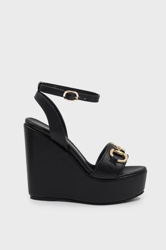 SKD-045 Black Leather Ankle Strap Wedge Sandal