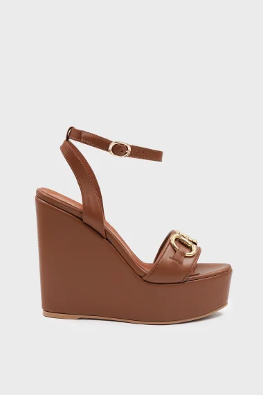 SKD-045 Tan Leather Ankle Strap Wedge Sandal