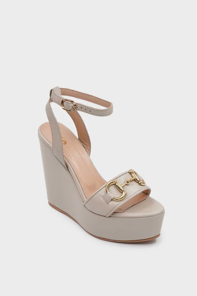 SKD-045 Ecru Leather Ankle Strap Wedge Sandal