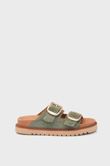 SKK-060 Green Suede Double Strap Comfort Leather Slipper