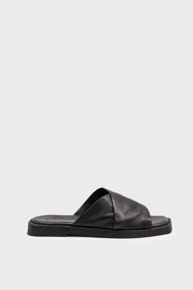 SKK-061 Black Leather Cross Strap Comfort Leather Slipper