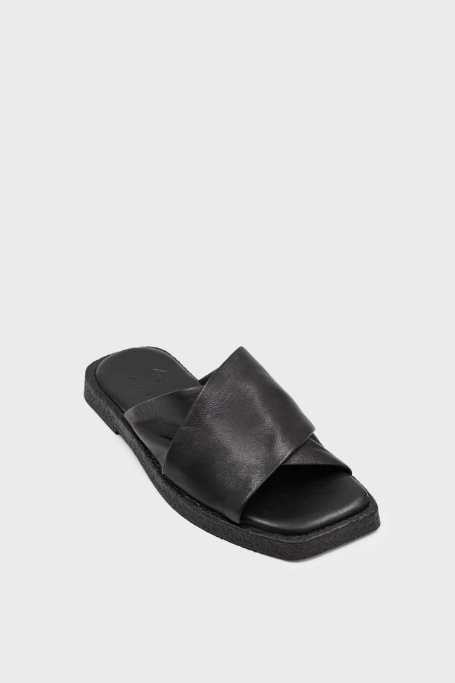 SKK-061 Black Leather Cross Strap Comfort Leather Slipper