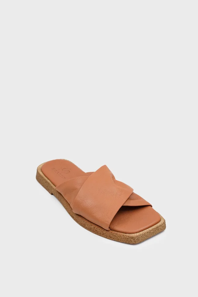 SKK-061 Tan Leather Cross Strap Comfort Leather Slipper