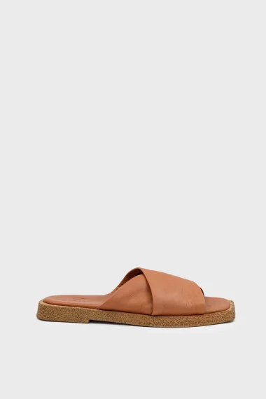 SKK-061 Tan Leather Cross Strap Comfort Leather Slipper