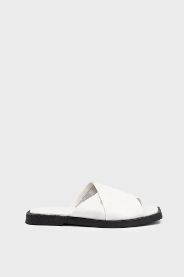 SKK-061 White Leather Cross Strap Comfort Leather Slipper