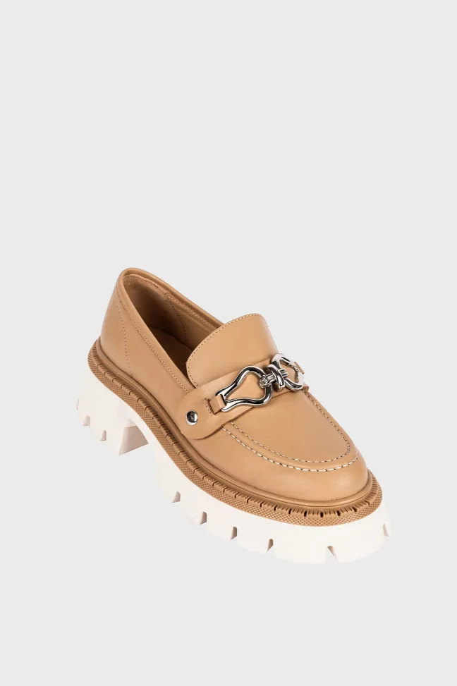 SKL-001 Chunky Beige Leather Women's Loafers